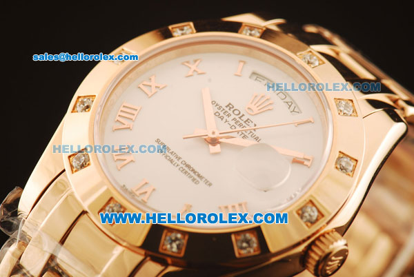Rolex Day-Date Automatic Rose Gold Case with Diamond and White Dial-Rose Gold Strap - Click Image to Close
